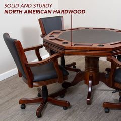 *PRE ORDER* 48-in Poker Table, Bumper Pool Combo Set with 4 Arm Chairs - Dark Wood Finish